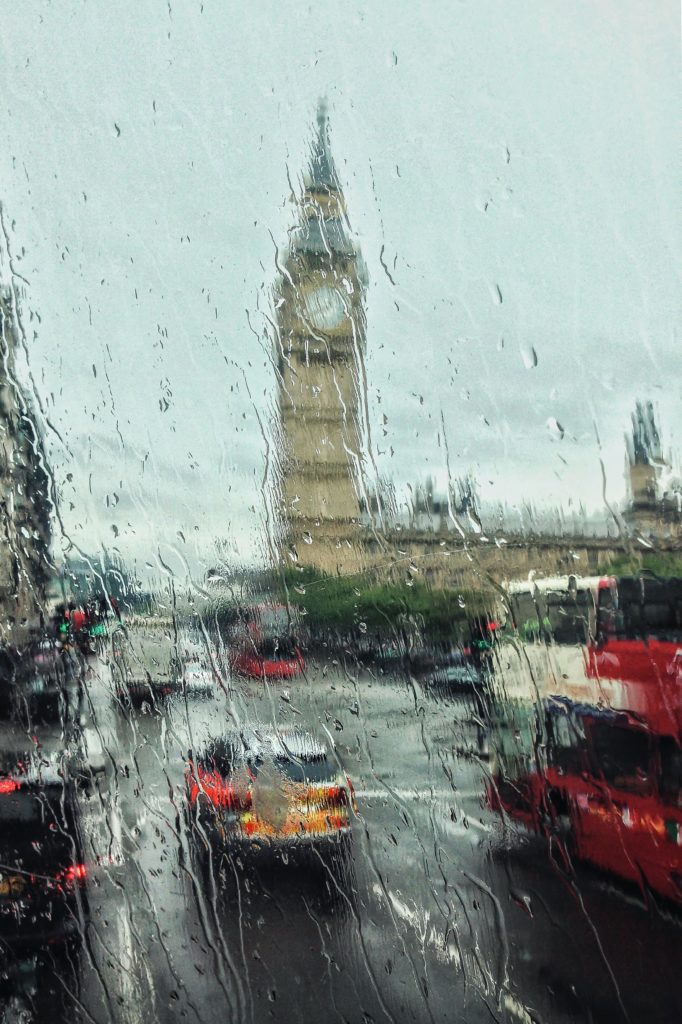 big ben through rainy glass