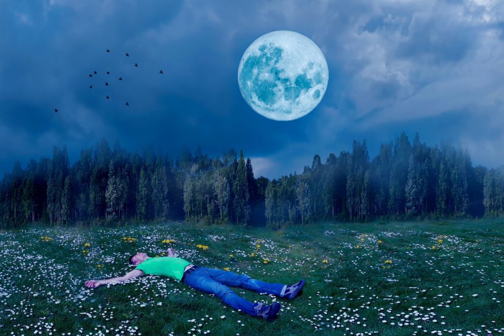 man laying in field under moon